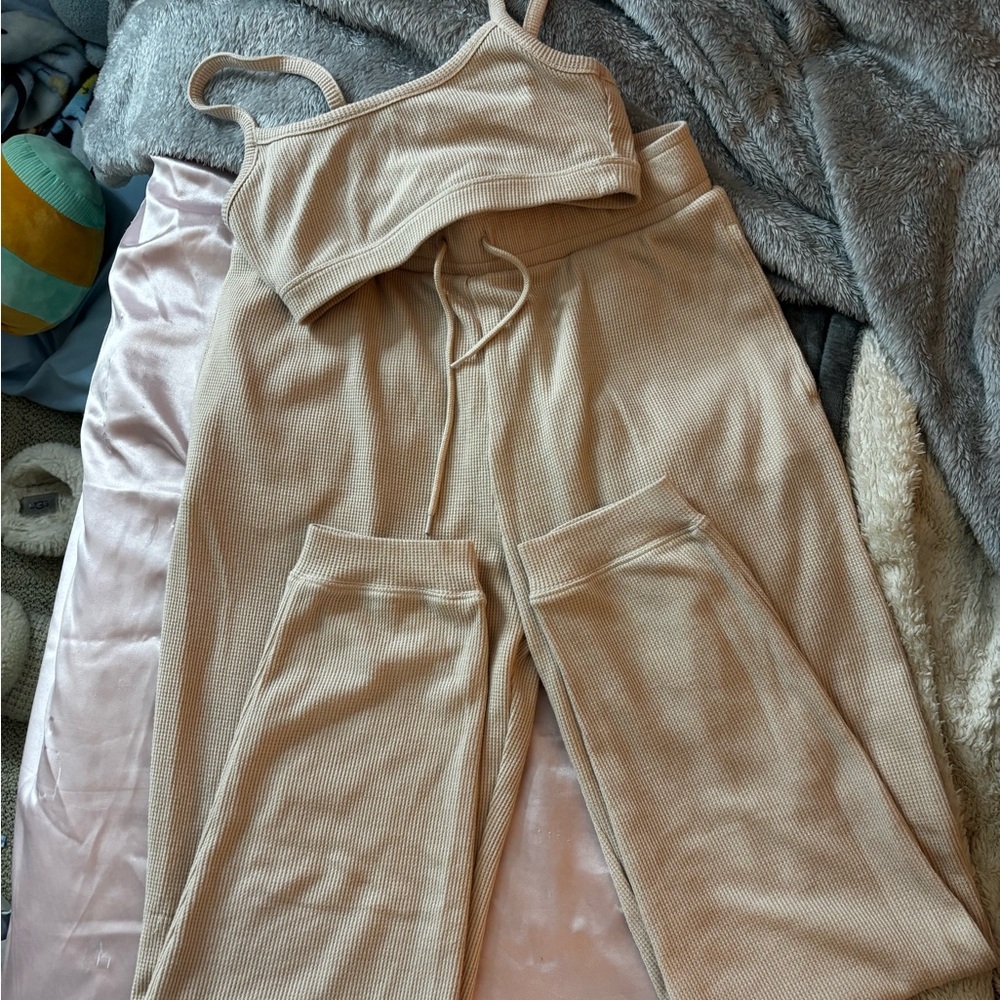 Women's Tan Ribbed Pants & Top Set